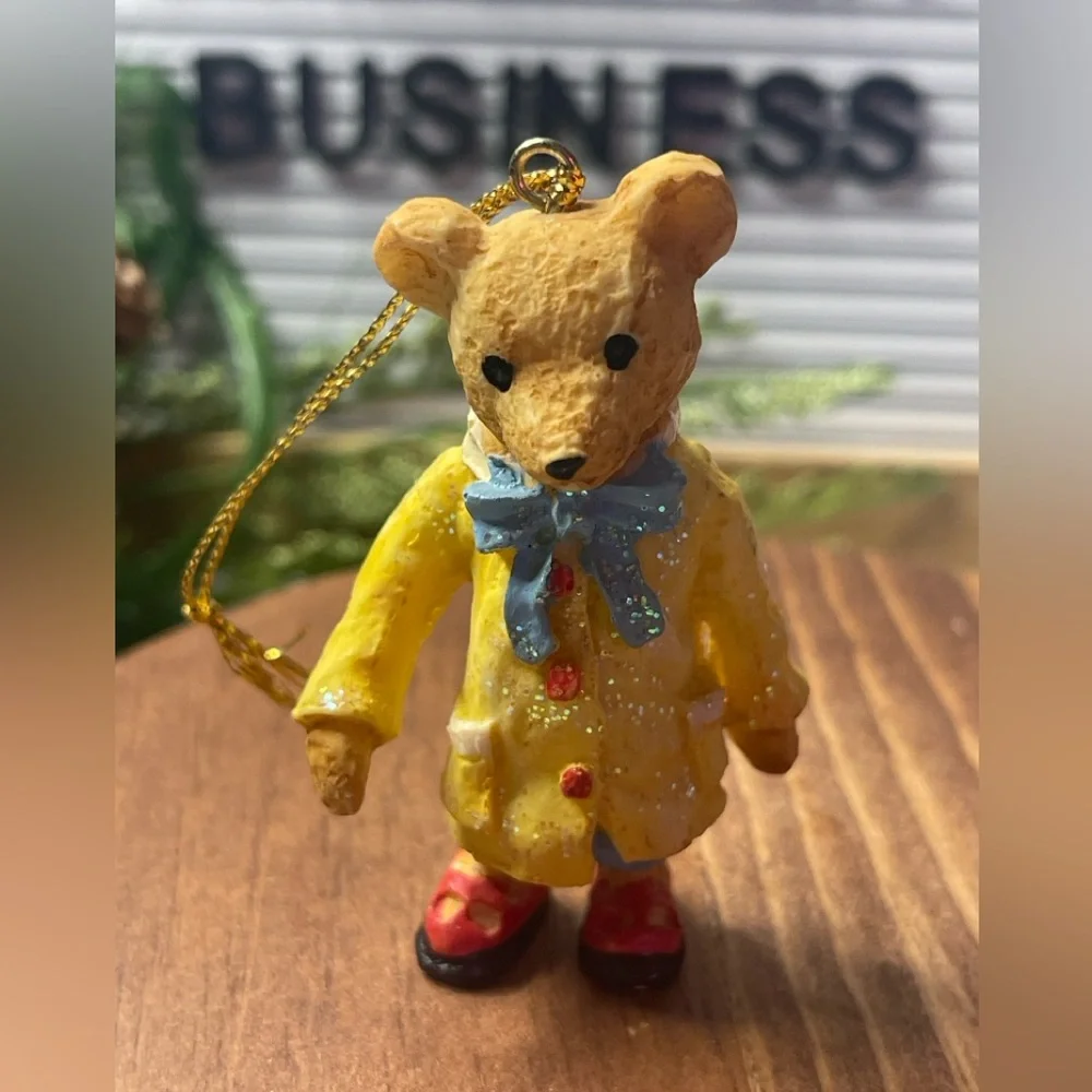 Vintage Resin Bear Christmas Ornament – Yellow Raincoat, Red Shoes, Glitter, 3”